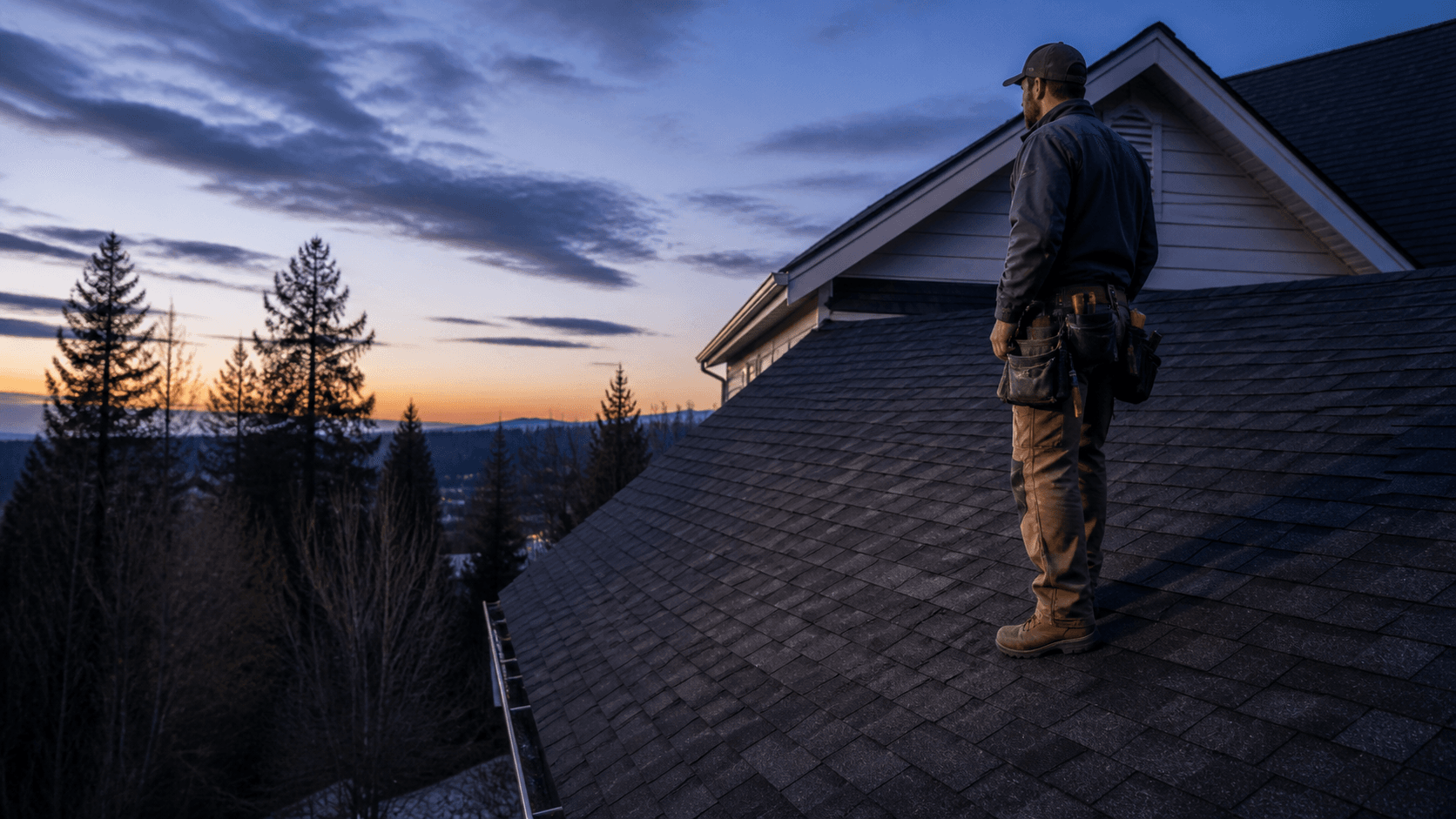 Roofing professional inspecting a finished residential roof