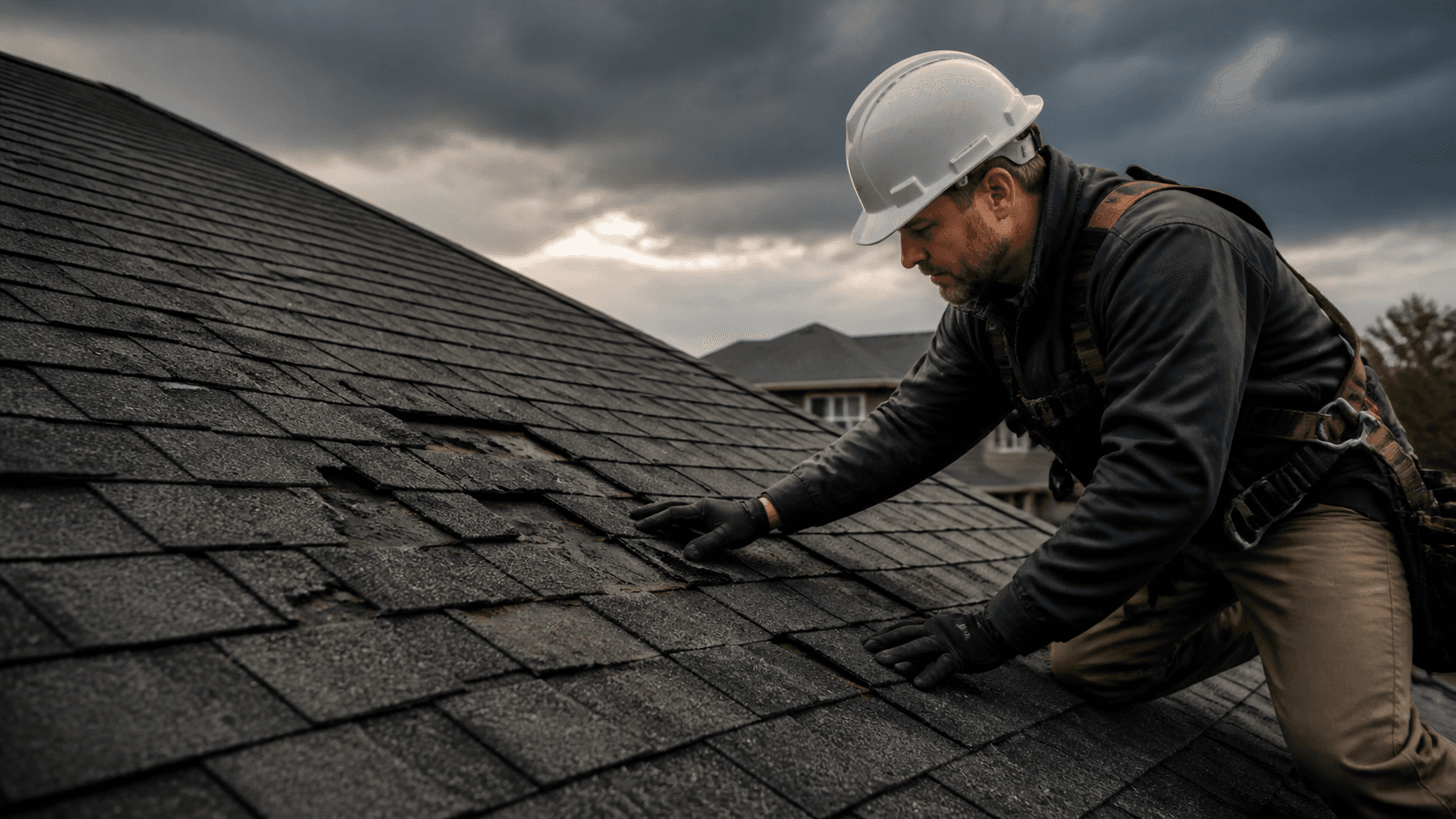 Roofing professional inspecting shingles on a residential roof