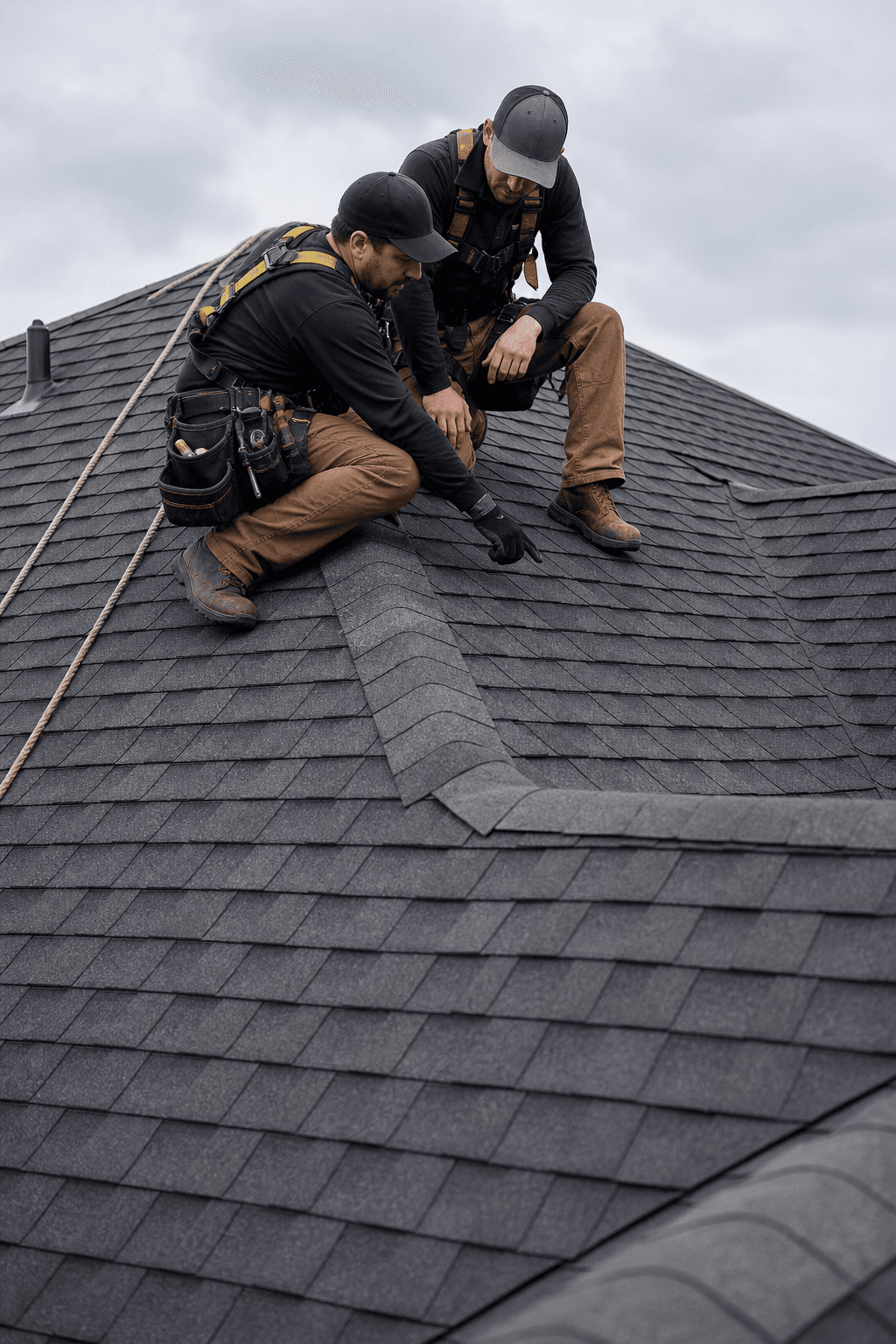 Professional roofers working together on a shingle installation